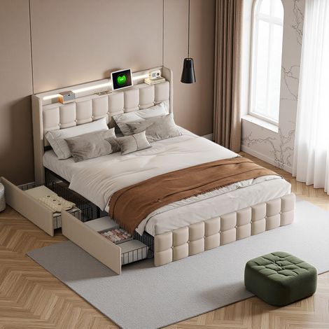 Cama tapizada con función de carga USB, cama doble 180x200cm, con iluminación LED y 4 cajones, canapé abatible, somier de láminas de madera, aspecto lino, beige (1/5)