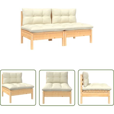The Living Store Canapé 2 places de jardin et coussins crème Bois de pin solide - Canapé De Jardin - Mobilier De Jardin - Canapé Deux Places - Meubles De Terrasse - Ensemble De Salon De Jardin (1/5)