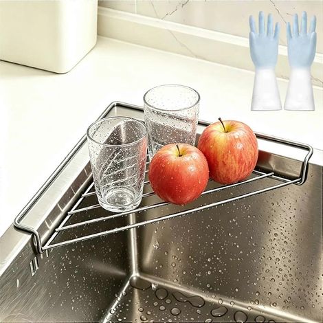 Égouttoir d'angle pour évier étagère triangulaire en acier inoxydable à grille ajourée support gain de place pour éponges et savon (1/5)