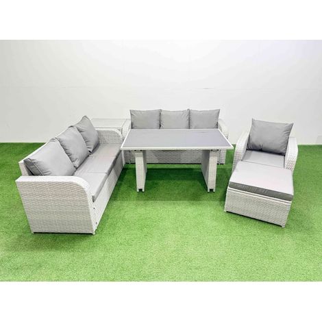 Fimous Rattan Garden Furniture Dining Set 8-seater Patio Rectangular Table Sofa Set with Side Table Big Stool Light Grey (1/4)
