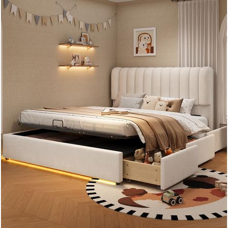 Letto contenitore 140x200 cm con pistoni a gas, 3 cassetti, LED e velluto beige OKMYHOME (1/5)