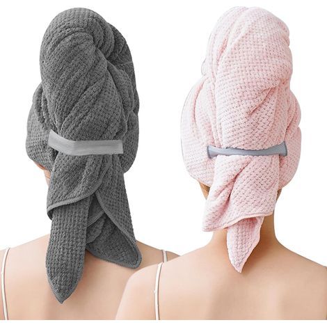 Set van 2 grote microvezel handdoeken voor lang haar, 103 x 60 cm, hoogwaardige tulband met elastiek, sneldrogend, super absorberend, wafeldesign, voor (1/5)