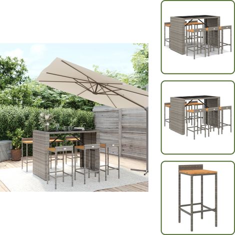 Ensemble de bar jardin 7 pcs gris poly rotin/bois massif acacia - Ensemble Salon De Jardin - Mobilier De Jardin - Set De Bar Extérieur - Table Et Chaises De Jardin - Chaise De Bar (1/5)