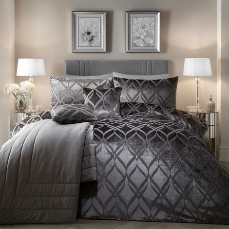 Housse de Couette Velours Gris Ardoise - King Size 230x220cm - 2 taies d'oreiller - Doux au toucher - Motif Jacquard Ogee - Parure de lit (1/4)