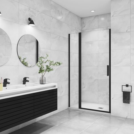 Aica Sanitaire – Porte de douche pivotante 130x200cm – Verre trempé 8mm anticalcaire – Profilé noir mat – Installation en niche – Fermeture magnétique (1/5)
