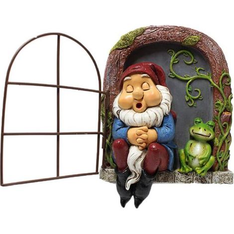 1 statue de nain, résine, elfe sortant de porte, décoration jardin, patio, cour