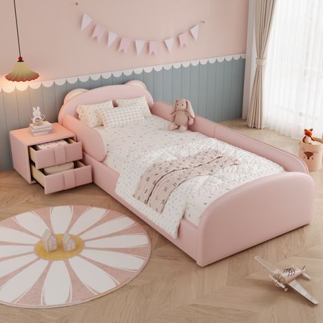 Cama infantil tapizada 90x200 cm con cabecero oso, mesita de noche, PU rosa, REDOM (1/5)