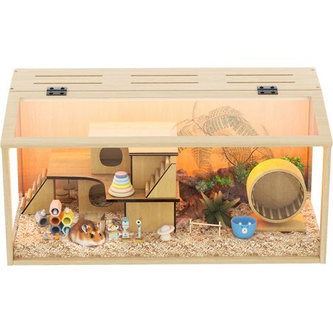 Bingopaw – Cage en bois pour rongeur avec LED - Habitats pour Rongeur Souris avec Fenêtre en Verre Trempé - Trous de Ventilation pour Gerbilles et Cochon d'Inde - 80x40x40cm