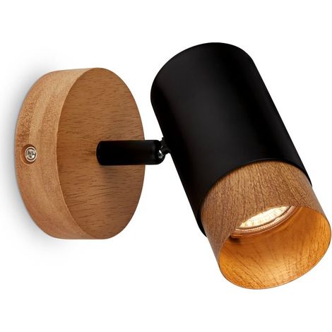 Spotlight, black, with wood, excl. 1xGU10/max.9W