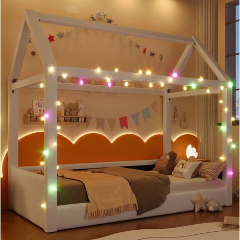 Letto a casetta bambini 90x200 cm con illuminazione LED, rete a doghe, senza materasso, beige (1/5)