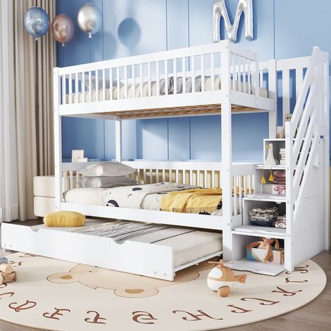 Fortuna Lai – Lit superposé 90x200cm avec lit gigogne 90x190cm – Échelle avec rangement – Grille antichute – Pin et MDF blanc – Lattes solides (1/5)