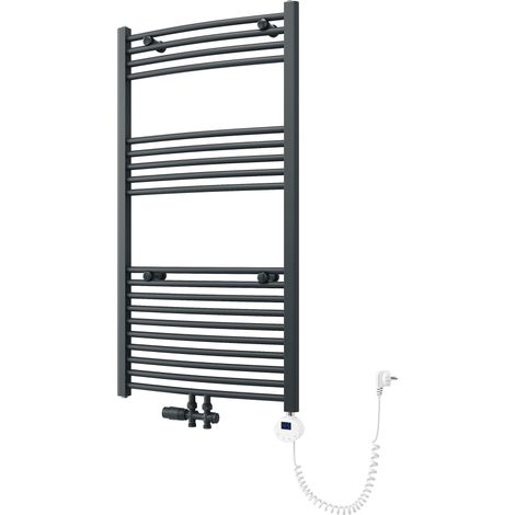 SONNI Badheizkörper Elektrisch mit Thermostat, Handtuchheizkörper Elektrisch Panel Handtuchhalter Mittelanschluss Warmwasser Handtuchtrockner Mit Ventil , Anthrazit gebogen,1150 x 600mm Leistung 400W (1/5)