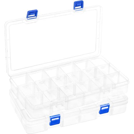 Lot de 2 Boite Rangement, 18 Compartiments, Séparateurs Réglables, Plastique PP Transparent, Pour Perles Bijoux Artisanat (1/5)