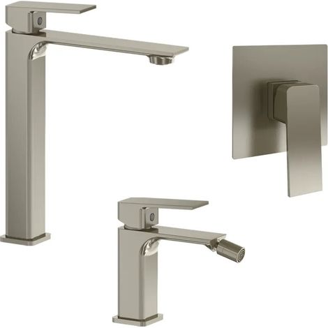 Set miscelatori lavabo alto bidet senza scarico e incasso doccia monocomando nickel spazzolato Ingrid
