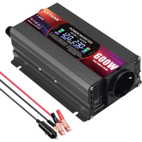 600W/ 1200W Convertisseur de Tension CC 12 V à CA 220 V 1 prise CA et 2 ports USB Convertisseur de courant Onduleur pour voiture, camping-car, camion (1/5)