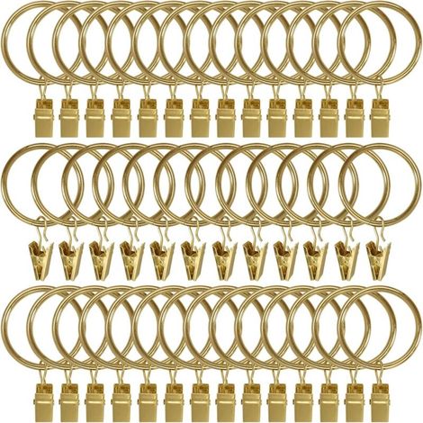 Lot de 40 anneaux de rideau en métal avec clips, crochets pour rideaux, crochets décoratifs pour tringle à rideau, œillets de 3,8 cm de diamètre intérieur, placage antirouille couleur or (1/5)