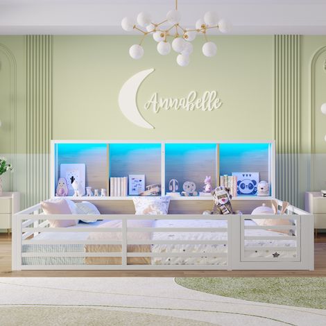Lit 140x200cm - Avec Barrière Latérale et Rangements - LED avec Application - Structure Métal et MDF - Capacité 240kg - Blanc