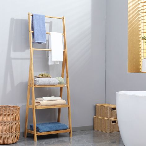 Portant Serviette en Bambou avec 3 Barres de Type Échelle Pliable avec 3 Étagères pour Salle de Bain 53x30.5x152 cm Naturel