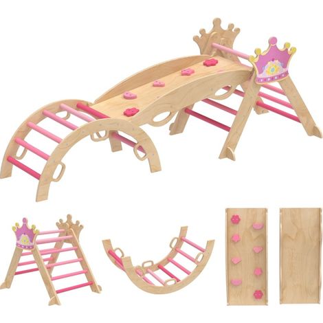 Estructura de escalada infantil interior 8 en 1 con tobogán, arco y rampa de madera rosa HOMVRA (1/5)