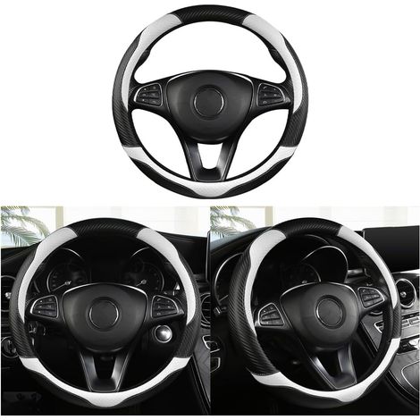 Couvre-volant universel antidérapant en fibre de carbone respirant pour volant de voiture quatre saisons (noir/blanc) (1/5)
