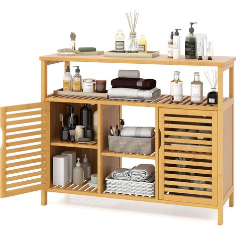Meuble de salle de bain en bambou naturel avec 2 portes, étagères et système anti-basculement pour salle de bain, WC et buanderie (1/5)