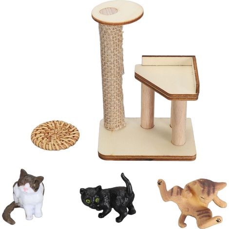 Jeu de Figurines Chat Arbre à Chat Miniature en Bois DIY 3 Chats Tapis Tressé Décoration Maison de Poupée (1/4)