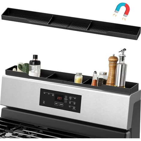 76 cm (30 Zoll) Kochfeldablage – Magnetische Silikon-Kochfeldablage – Gewürzablage mit 3 Fächern – Schwarz, Aufbewahrung für Küchenutensilien (1/5)