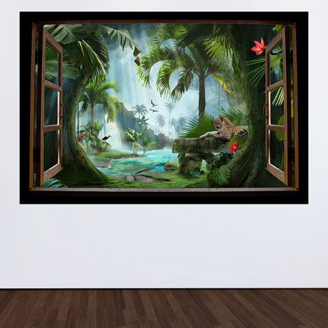 Stickers Trompe l'oeil fenêtre en bois Enfants - Forêt tropicale - 60 x 90 cm (1/3)