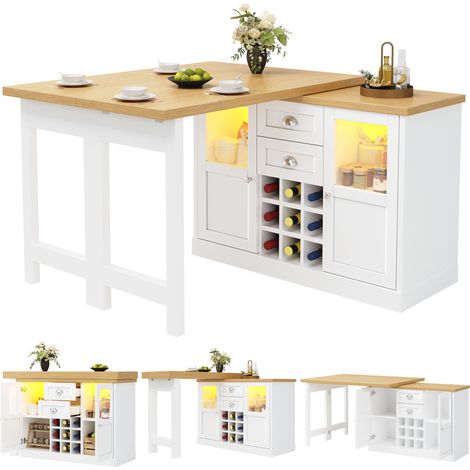 Table salle à manger extensible 120-197 cm blanc LED 3 couleurs pivotante 360° rangement casier vin 60 kg (1/5)