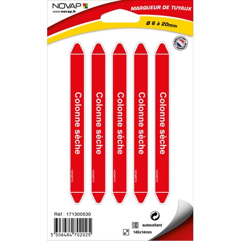 Planche de 5 marqueurs de tuyauterie 145 x 14 mm pour Ø 6 à 20 mm - Colonne sèche - 4702025