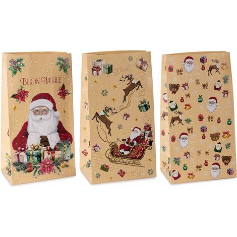 Sacs en papier kraft imprimé Noël, lot de 60, 15 x 10 x H. 28 cm