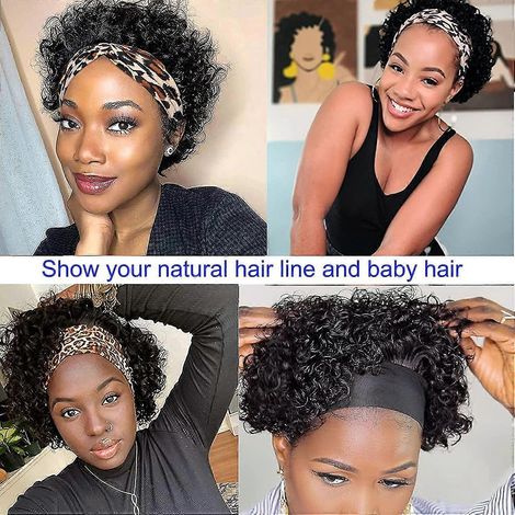 Perruque bandeau en cheveux humains bouclés, coupe au carré, compatible avec les femmes noires, coupe pixie courte, demi-perruque sans colle, densité 180 %, noir naturel, 15 cm. (1/5)
