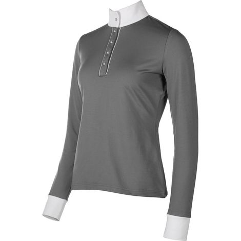 XL, blu: T-shirt d'équitation à manches longues modèle Emilia avec bouton en nacre (1/5)