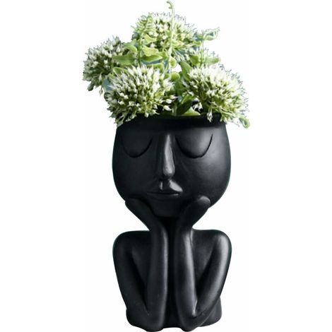DEESSE SHOP - Creative Vase en forme de personnage nordique, plantes succulentes, pot de fls abstrait, visage et fls, intéri, vase noir (1/5)