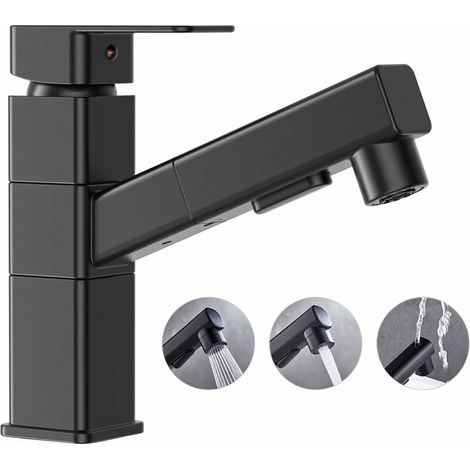 Bathroom Sink Faucet, Kitchen Mixer Tap with Hand Shower and 360 Degree Faucet, Modern Black Kitchen Faucet with 180° Rotating Body, Brass Hand Wash Faucet, 3 Spray Modes (1/5)