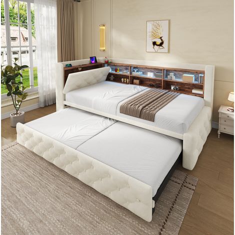 Lit banquette 90x190 cm avec lit gigogne 90×190 cm, LED, USB, rangement et sommier à lattes, velours beige (1/5)