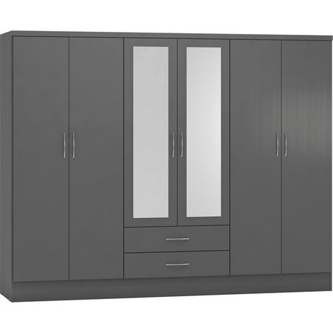 Nevada 6 Door 2 Drawer Mirrored Wardrobe in 3D Effect Grey Finish