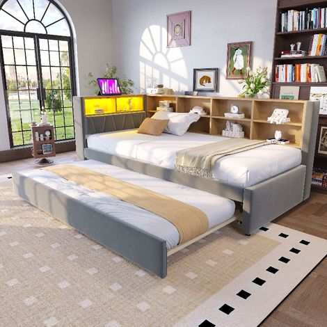 Schlafsofa 90x200 mit Ausziehbett 90x190 und Stauraum, Multifunktionsschlafsofa mit LED-Beleuchtung & USB, Polsterbett aus Flanell, Dunkelgrau (1/5)