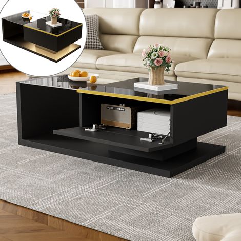 100 cm fester Couchtisch mit Stauraum, Couchtisch aus Glas mit LED-Effekt – Schwarz