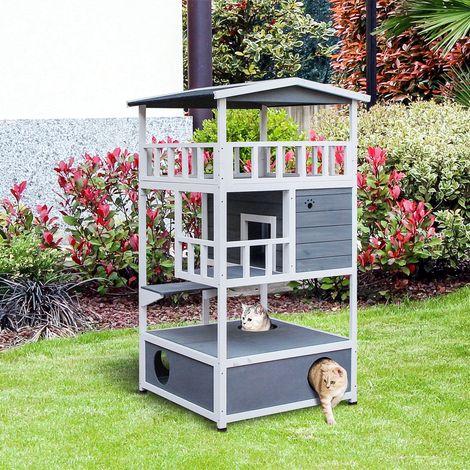 Caseta para Gatos de Madera 75,5x75x137 cm con Techo Asfáltico Plataformas para Interior y Exterior Gris (1/5)