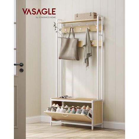 VASAGLE Appendiabiti con Scarpiera a Ribalta, Mobile da Ingresso, con Panca, 9 Ganci e Mensola Superiore, per Corridoio Camera da Letto, Stile Moderno, Rovere e Bianco