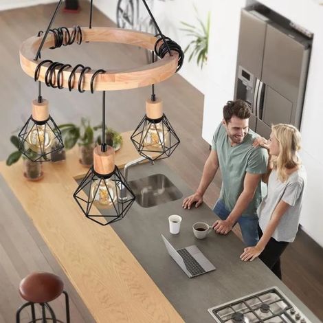 Retro Suspension Lumianire Industrielle en Cage,Plafonnier en Fer Design avec Anneau en Bois 40CM Lustre Réglable pour Salon (1/5)