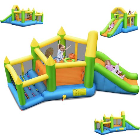 Costway – Château gonflable pentagonal 477x241x208 cm – Toboggan, piscine à balles, panier de basket – Pour 3 enfants de 3-10 ans – Tissu Oxford durable