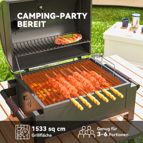 Barbecue au charbon de bois avec couvercle, grille de réchaud, bac à cendres, thermomètre, inox, dimensions 67x53x55 cm, coloris noir/rouge (1/4)