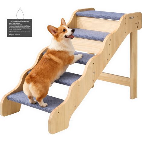 Escalier pour chien 5 marches en bois, accès lit canapé voiture, surface antidérapante, stable jusqu'à 150 lb (1/5)