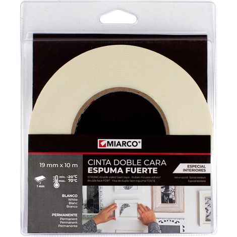 MIARCO cinta adhesiva 2 caras interior 19 mm x 10 m blanca , Cinta adhesiva doble cara Miarco Cinta de doble cara de espuma fuerte para aplicaciones de interior que requieran d (1/2)