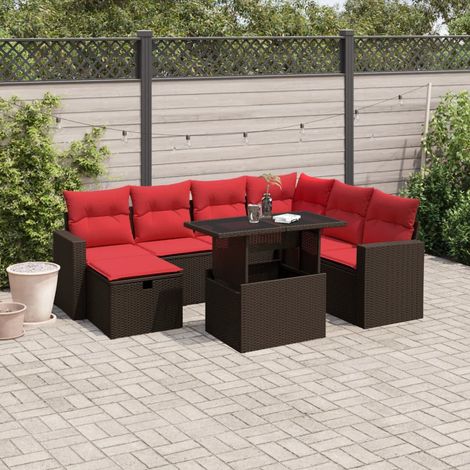 Salon de jardin 8 pièces en résine tressée marron, coussins et table relevable - PANGIVO (1/5)