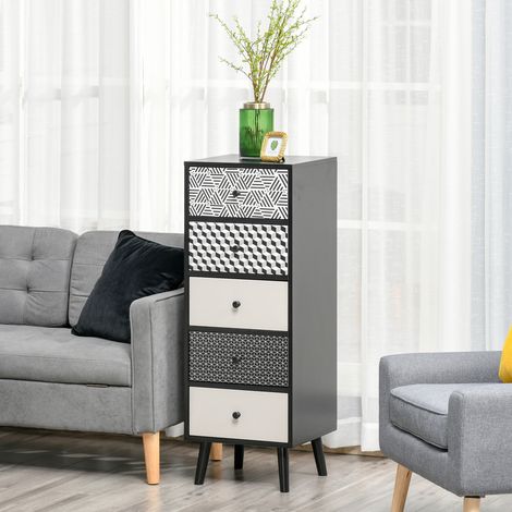 Commode tiroirs 5 motif géométrique - meubles modernes de chambre et d’entrée - 40x40x111,5cm Noir gris