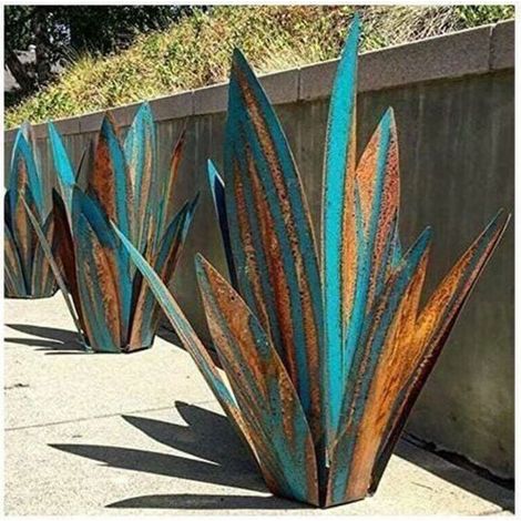 Décorations de jardin en métal - Agave - Sculpture rustique en métal 27 cm 9 feuilles(orange bleu) (1/4)