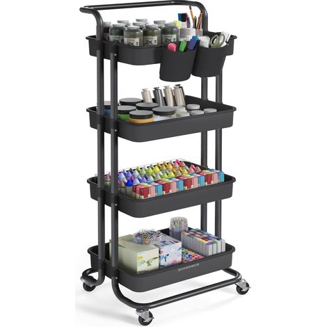 Chariot de Rangement, 4 Niveaux, Desserte sur Roulettes, Étagère, Poignée, 2 Pots, 2 Freins, Paniers en Plastique, Montage Facile, Chambre, Cuisine, Noir (1/5)